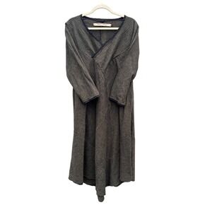 Cynthia Ashby Grey Striped V-Neck Midi Dress Size S Academia Quiet Luxury